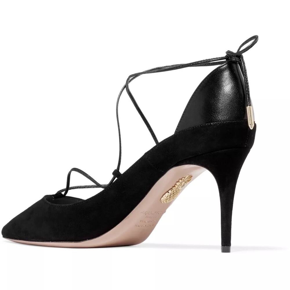 Aquazzura Fellini Pumps Black Suede Leather Trimmed Pointed Ankle Tie Sz 37 /‎ 7 - Picture 3 of 14